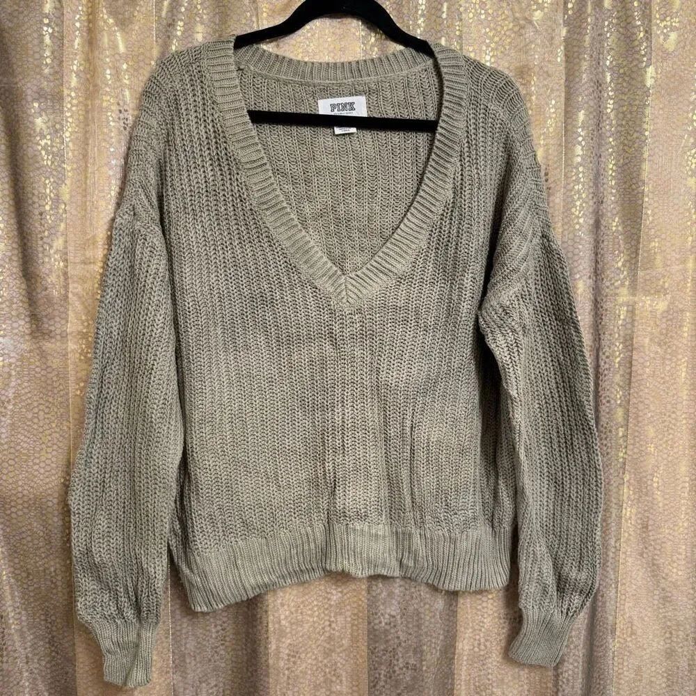 PINK Victorias Secret Sweater Olive Green Fall Knit V Neck Medium